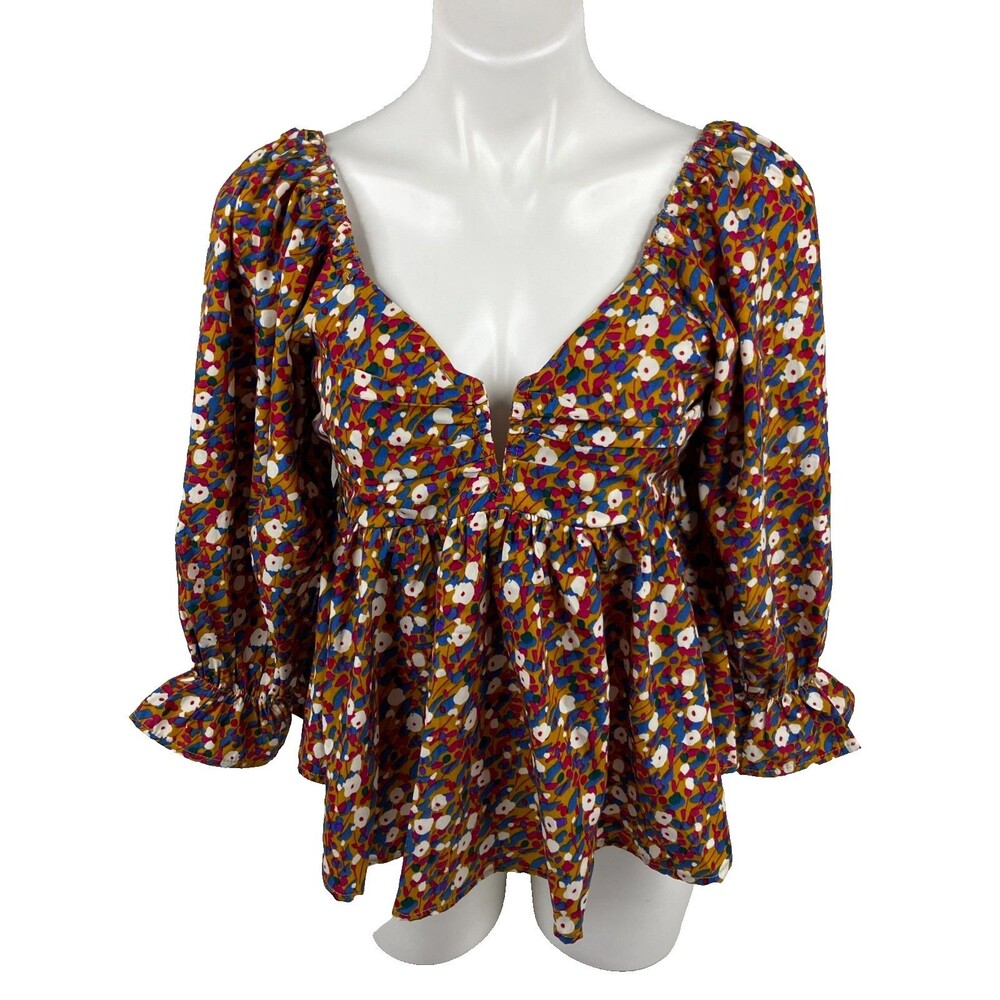Entro Women Medium Top Ruffle Sleeve Deep V Neck Floral Pattern NWT